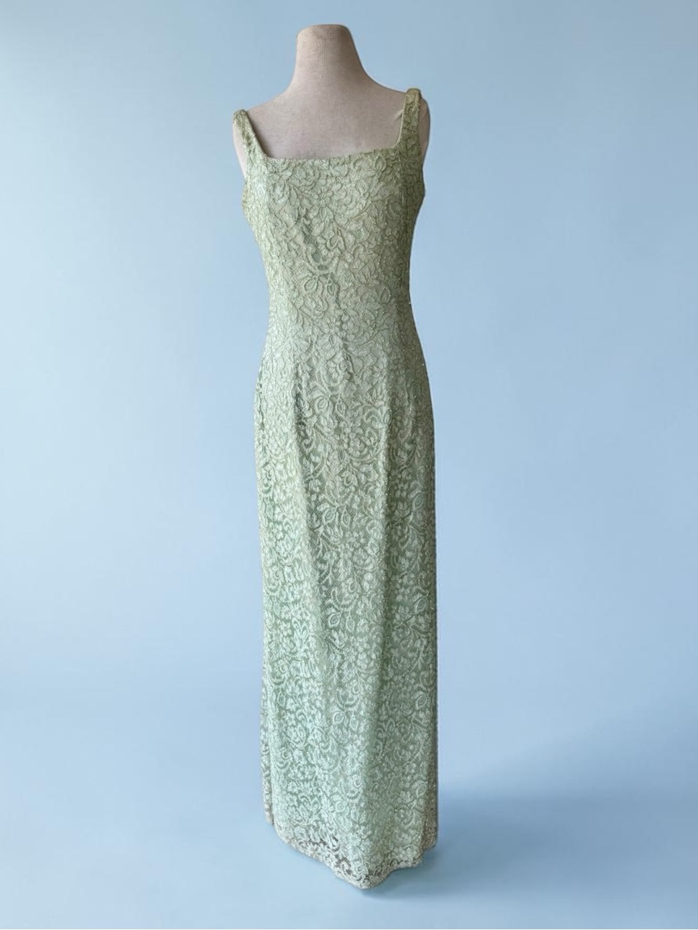 Vtg 80s Carmen Marc Valvo Mint Lace Beaded Sheath Maxi Dress 10 Gown Bridal Prom